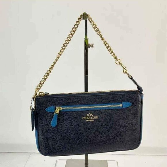Coach Designer Blue Pebbled ColorBlock Leather Wristlet Should Bag Purse Handbag - Picture 1 of 6